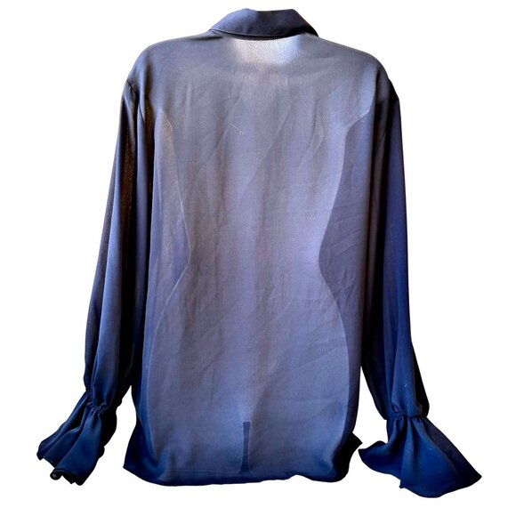 ANNE KLEIN A LINE Vtg USA Blouse Shirt Navy Blue Button Up RUFFLES Womens Medium - Picture 12 of 14